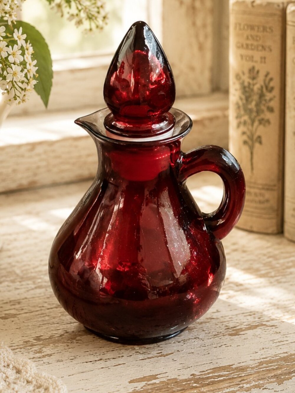Vintage Ruby Red Glass Cruet Apothecary Bottle With Strawberry Stopper